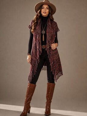 Ponsisa Knit Fringe Vest Shawl | Multicolor Boho Open Front Cardigan Wrap M
